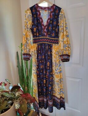 Farm Rio Long-Sleeve 100% Cotton V-Neck Printed Midi Dress, Size Womens Medium